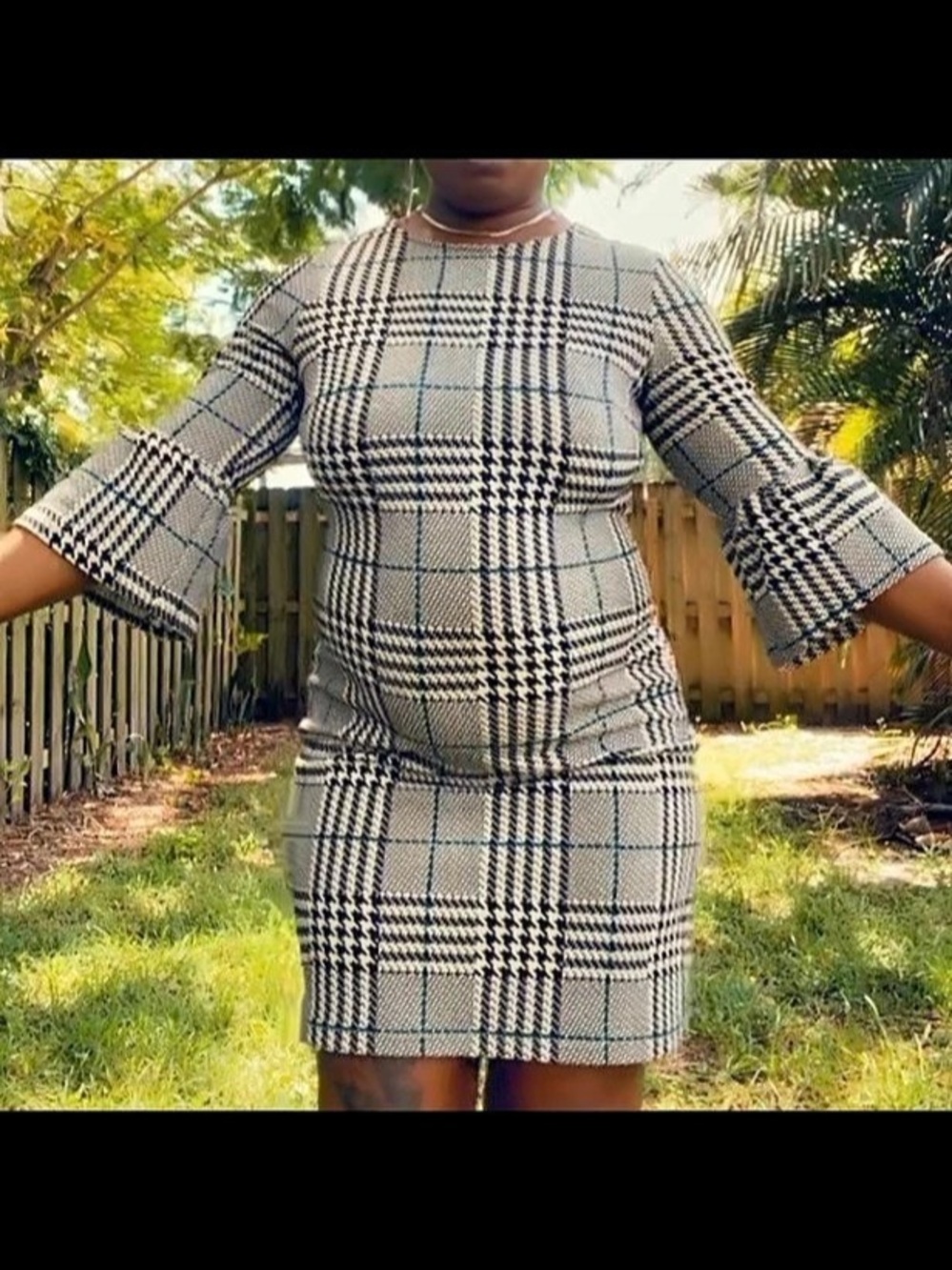 Calvin Klein Women'Small checkers stripes Plaid Bell-Sleeve Dress